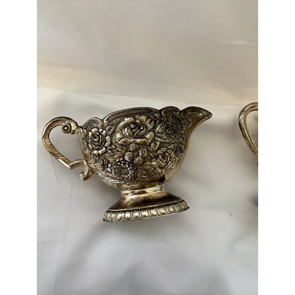 Vintage Silver Plated Sugar And Creamer Set With‎ Inner Ceramic Coating Decor